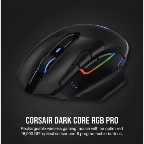CORSAIR Vezetékes/Vezeték Nélküli Egér Gaming, DARK CORE RGB PRO, 8 programozható gomb, RGB, 18000dpi, fekete