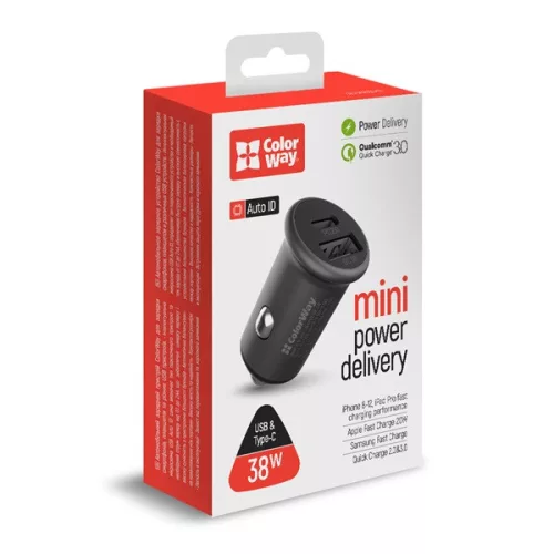 COLORWAY Autós töltő, CW-CHA029PD-GR, 2xUSB (Type-C PD20W + USB QC3.0 ) (38W) szürke