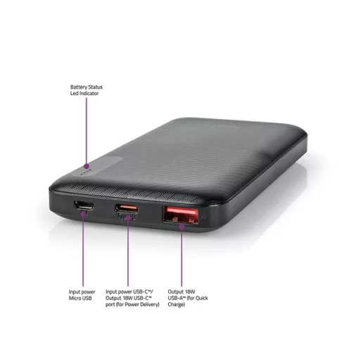 Nedis UPBKPD10000BK powerbank, hordozható külső akkumulátor, power bank 10000mAh