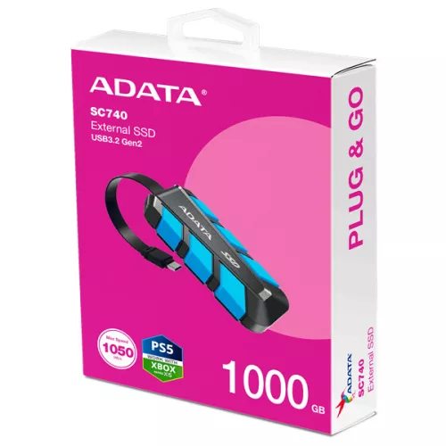 ADATA SSD Külső USB 3.2 1TB SC740, Type-C, Kék