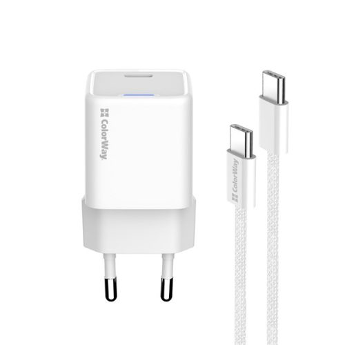 COLORWAY AC töltő GaN Mini CW-CHS052PDC-WT 25W PD port PPS USB-C fehér kábel Type-C