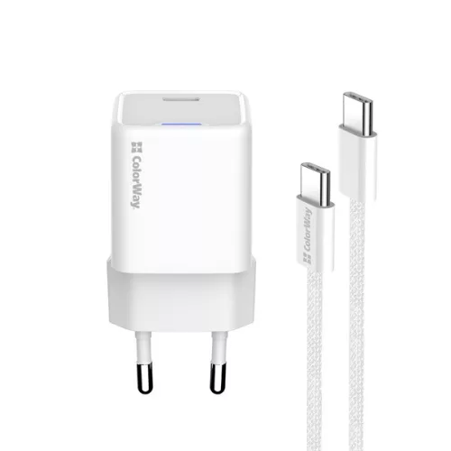 COLORWAY AC töltő GaN Mini CW-CHS052PDC-WT 25W PD port PPS USB-C fehér kábel Type-C