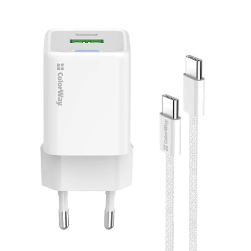 COLORWAY AC töltő GaN Mini CW-CHS053PDC-WT 30W PD port PPS USB (Type-C PD + USB QC4.0) kábel Type-C