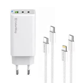   COLORWAY AC töltő GaN Mini CW-CHS058PDCL-WT 65W PD port PPS USB (USB-2C1A) kábel Type-C és Lightning