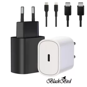   BLACKBIRD Hálózati Adapter T145 25W + Type-C + Lightning kábel 1m, Fekete