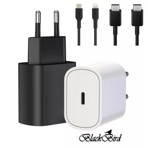 BLACKBIRD Hálózati Adapter T145 25W + Type-C + Lightning kábel 1m, Fekete