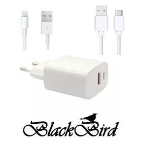   BLACKBIRD Hálózati Adapter T131 25W + Type-C + Lightning kábel 1m, Fehér