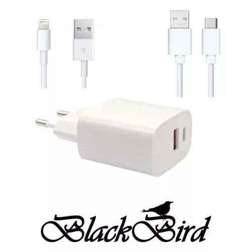 BLACKBIRD Hálózati Adapter T131 25W + Type-C + Lightning kábel 1m, Fehér