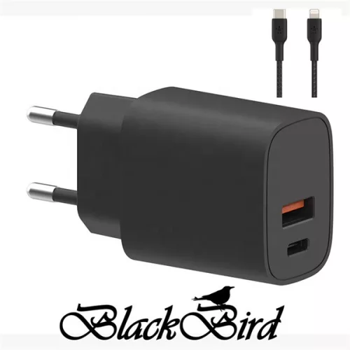 BLACKBIRD Hálózati Adapter T131 25W + Lightning kábel 1m, Fekete