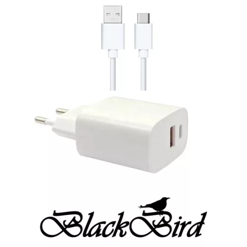 BLACKBIRD Hálózati Adapter T131 25W + Type-C kábel 1m, Fehér