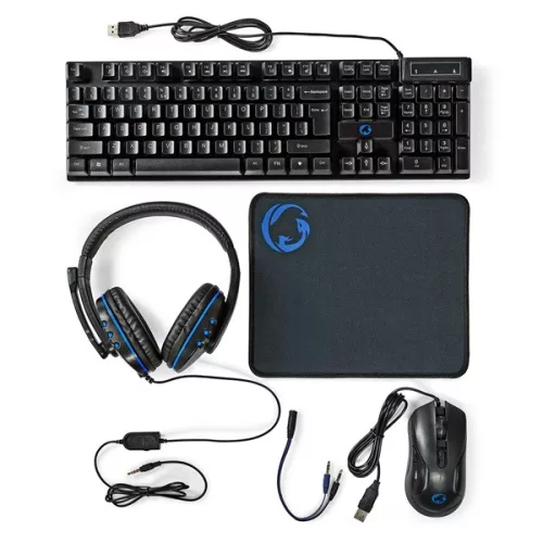 Nedis GCK51110BKUS gamer 5 az 1-ben készlet, Angol Billentyűzet, Headset, Egér, Egérpad és adapter kábel, QWERTY