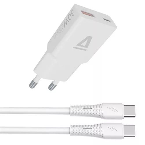 AVAX Hálózati töltő USB-A USB-C 30W + USB-C kábel, fehér