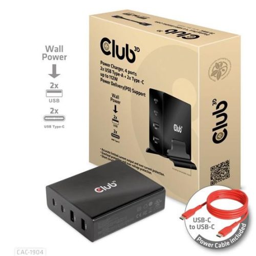 EGY Club3D 4 ports, 2x USB Type-A 2x Type-C up to 112W Power Charger