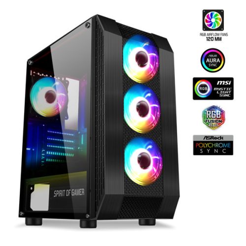 Spirit of Gamer Számítógépház - Rogue VI RGB (fekete, ablakos, 4x12cm ventilátor, alsó táp,  ATX, 1xUSB3.0, 2xUSB2.0)