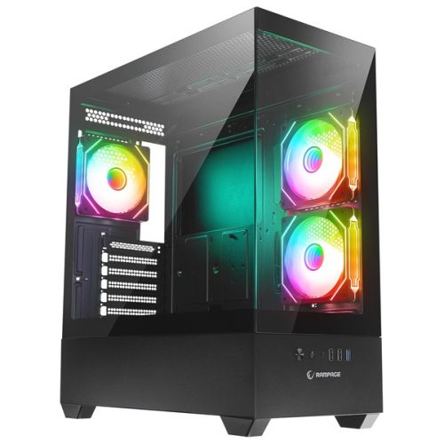 Rampage Számítógépház - CALIBRE (fekete; üveg; mATX; alsó táp; 3x120mm RGB, 1xUSB3.0 + 2xUSB2.0)